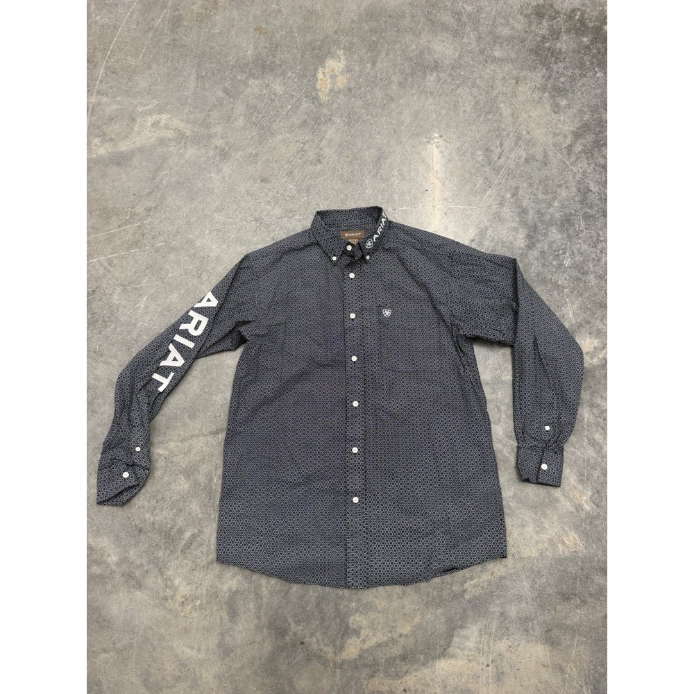 Ariat Shirt Mens Medium Black Team Logo Long Sleeve Button Up Embroidered Twill